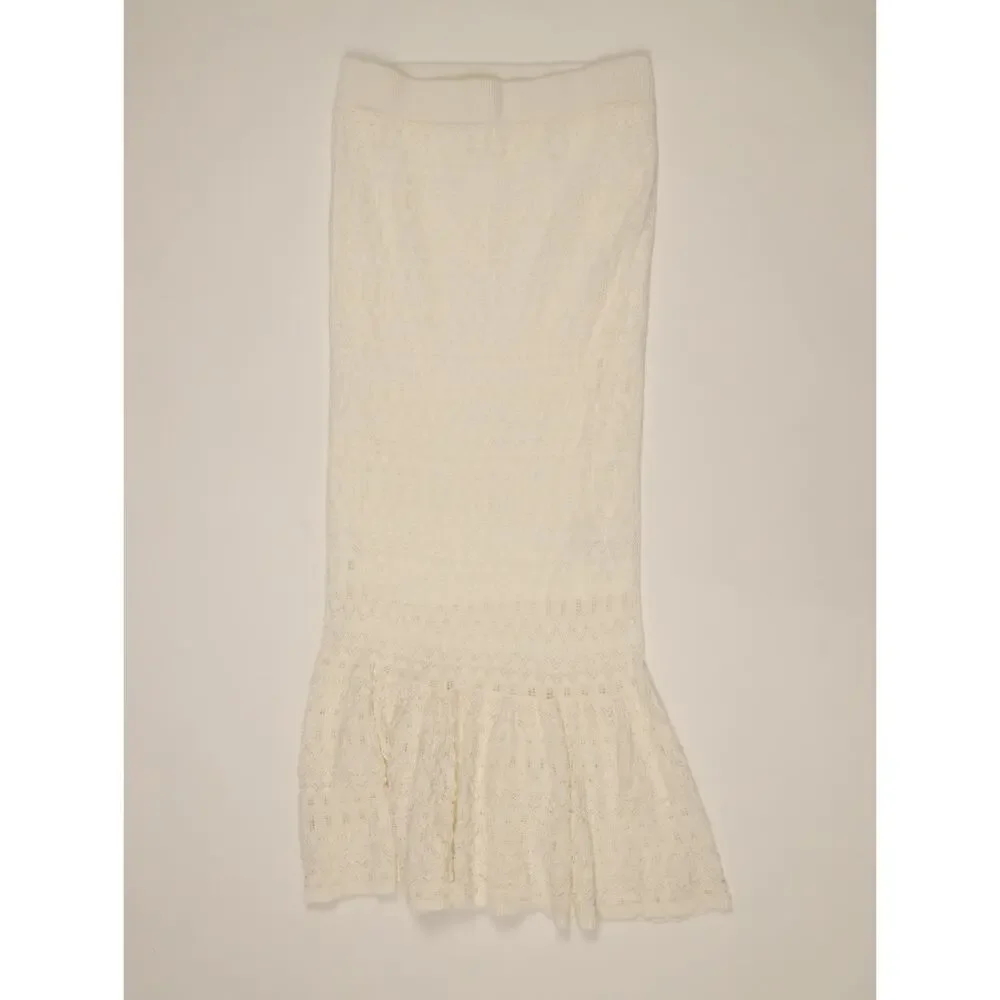 House of Harlow 1960 Ivory Crochet Knit Maxi Skirt Tiered Boho Resort Festival M
